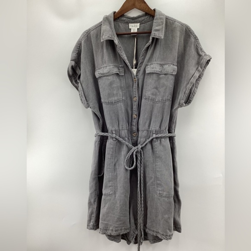 Nicole Miller Home Braided Rope Tie Gray Button-Up Romper
